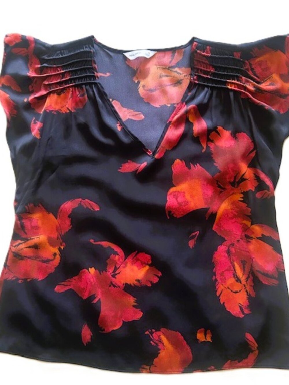Nine West Ladies Blouse Medium Black Burnt Orange Floral  Shoulder Smocking